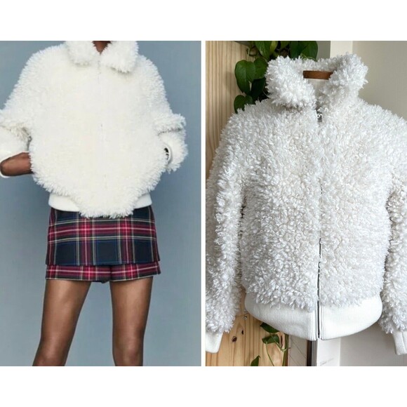 Maje Faux Fur Blanche Jacket 36 S Shearling Sherpa Looped‎ Full Zip Lined White - Picture 1 of 16